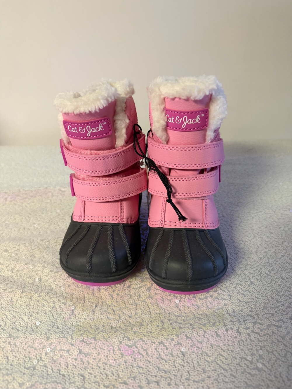 Cat & Jack Pink and Black Kids Snow Boots with Faux Fur Cuff